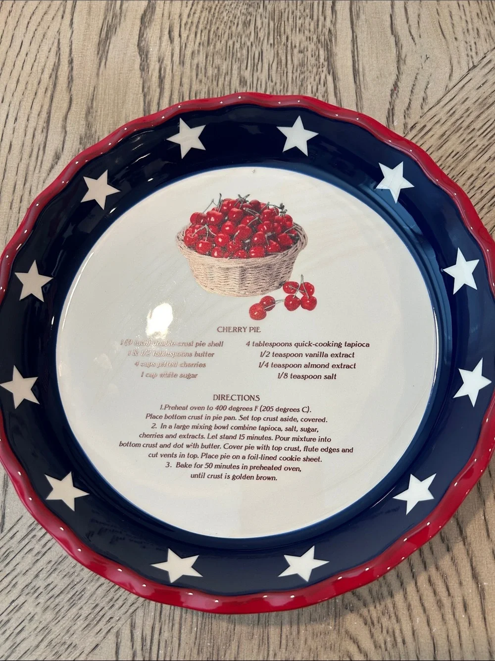 Cherry Pie Ceramic Pie Plate - Navy Blue and Red Star Rim
